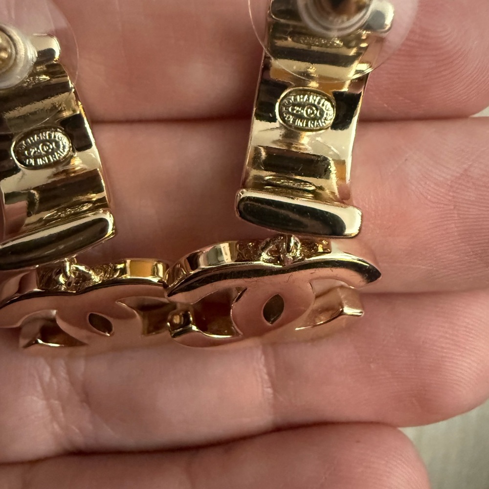 Naw upcycled Chanel Gold with rhinestone Crystal Logo Earrings - Picture 3 of 9